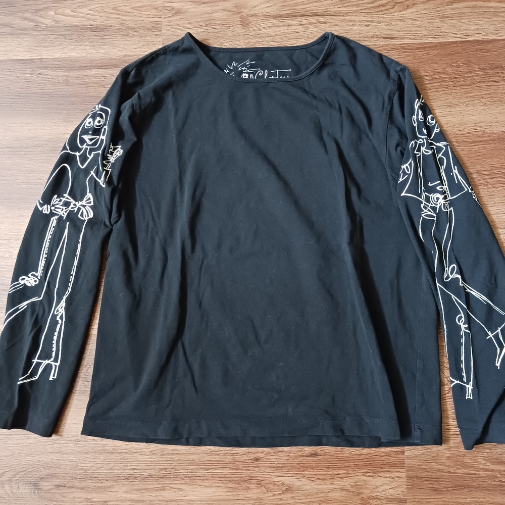 Chat-Tees by Chicos Black Long Sleeve Graphic T-Shirt Size XL Whimsical Art